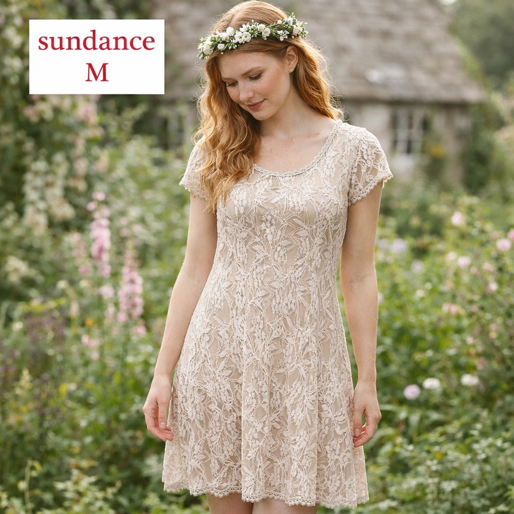 Sundance Lace Dress womens Sz medium Boho Ivory Nude Lined Romantic Cottagecore